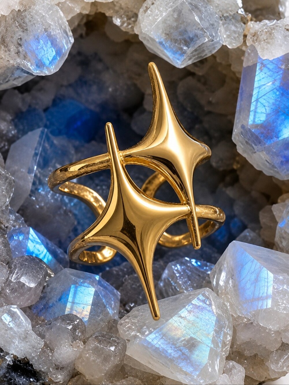 18K Gold Plated Celestial Starburst Sculptural Open Ring Fairycore Adj 7-9